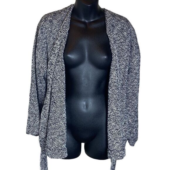 Eileen fisher black/white tweed 3/4 sleeve open front belted cardigan petite med - Picture 6 of 7